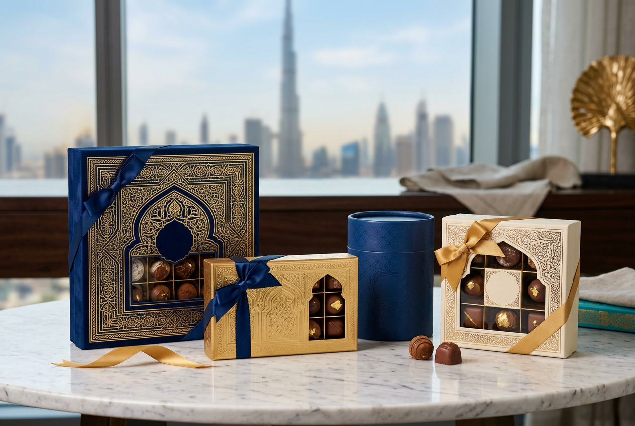 Premium corporate chocolate gift boxes with elegant Dubai-themed packaging