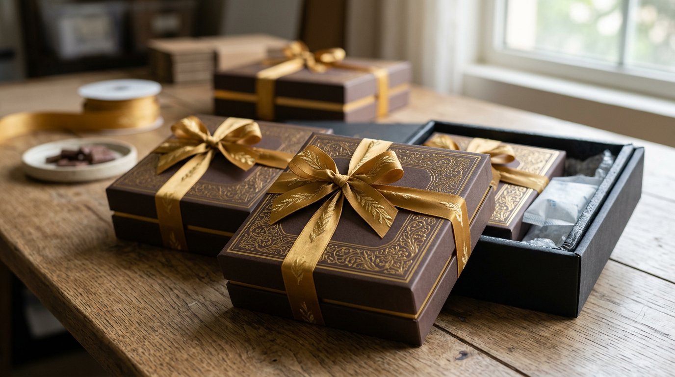 Chic Dubai chocolate gift boxes with temperature-controlled packaging and gold ribbon for safe delivery