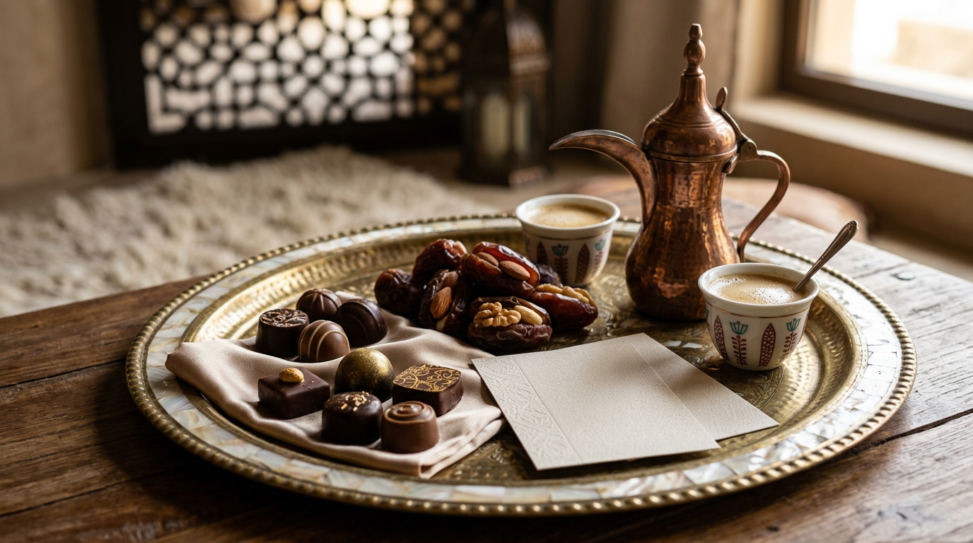 Dubai chocolate tasting setup with artisan bonbons, Arabic coffee, and tasting cards