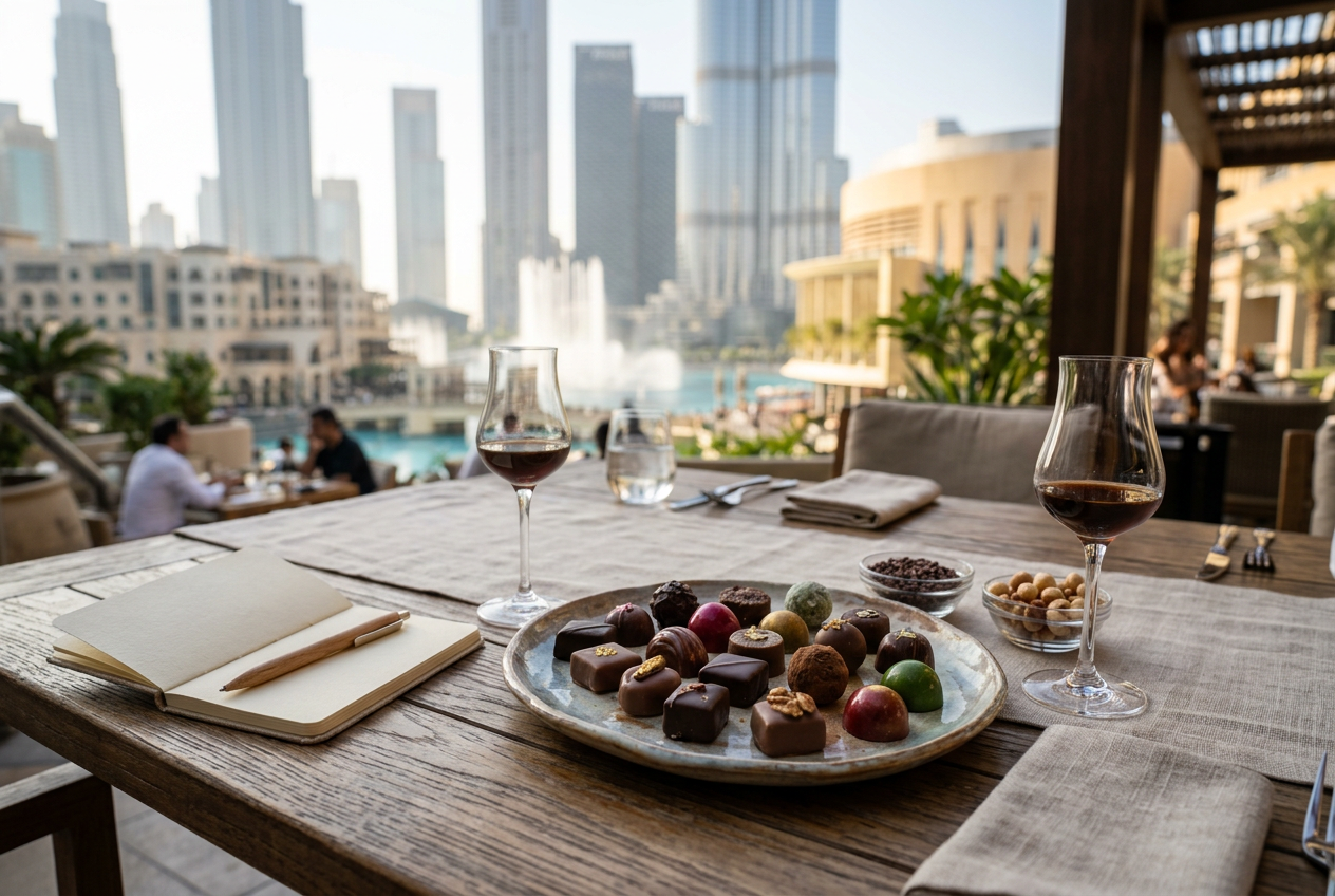 Assorted handmade artisan chocolate bonbons arranged for tasting in Dubai