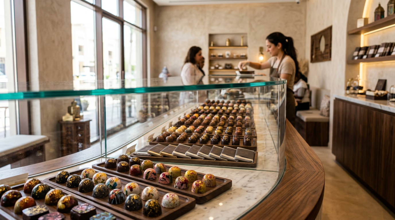 Artisan chocolate boutique interior in Dubai featuring handmade selections in glass display cases