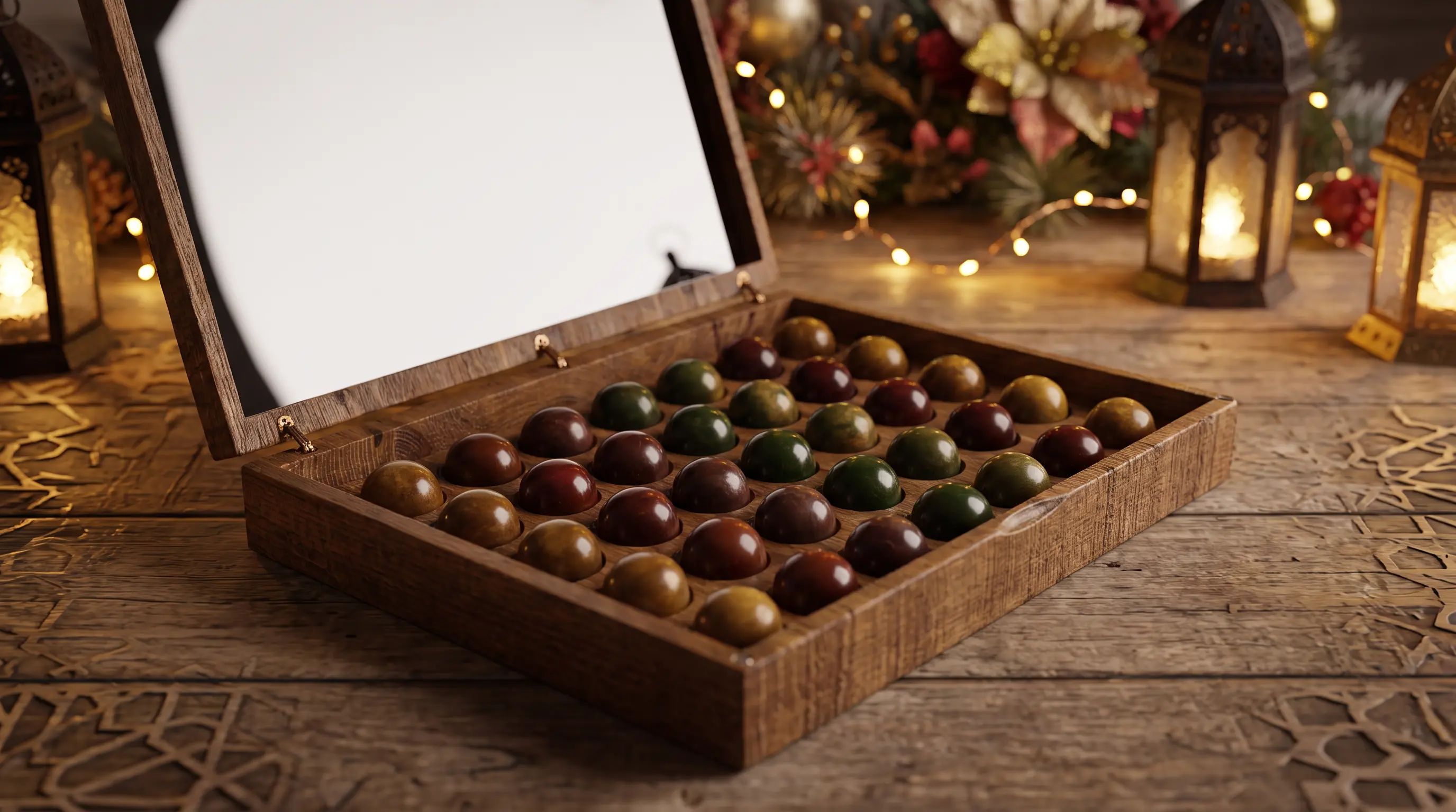 The Grand Collection oak gift box with a glass lid, styled for Christmas with greenery and festive lights