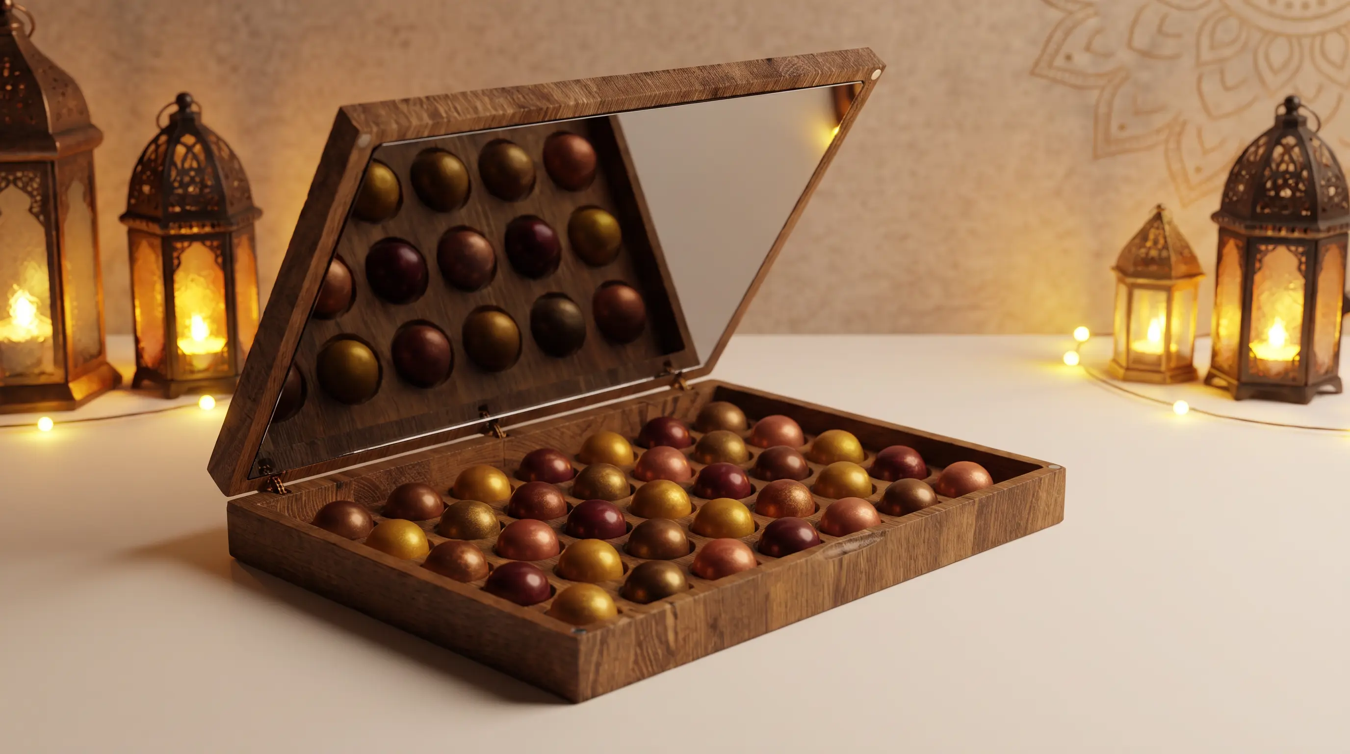 The Grand Collection oak gift box with a glass lid, styled for Diwali with candles, marigolds and gold coins
