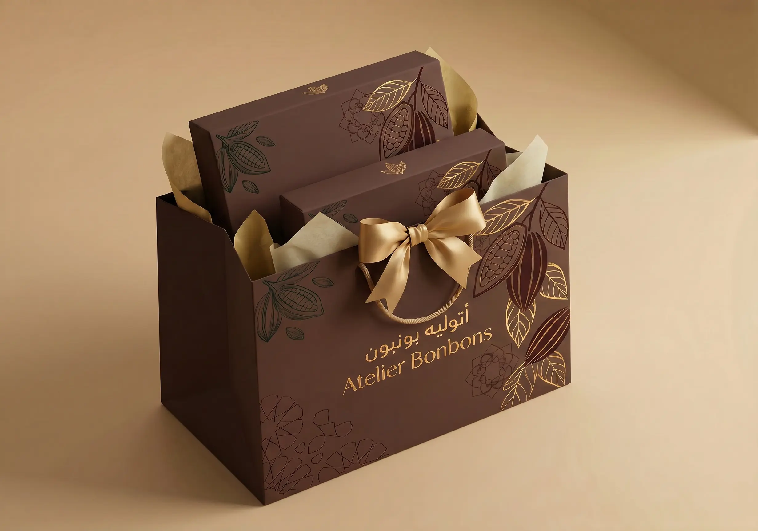 Handmade chocolate gift set — multiple artisan chocolate boxes in branded bag with ribbons