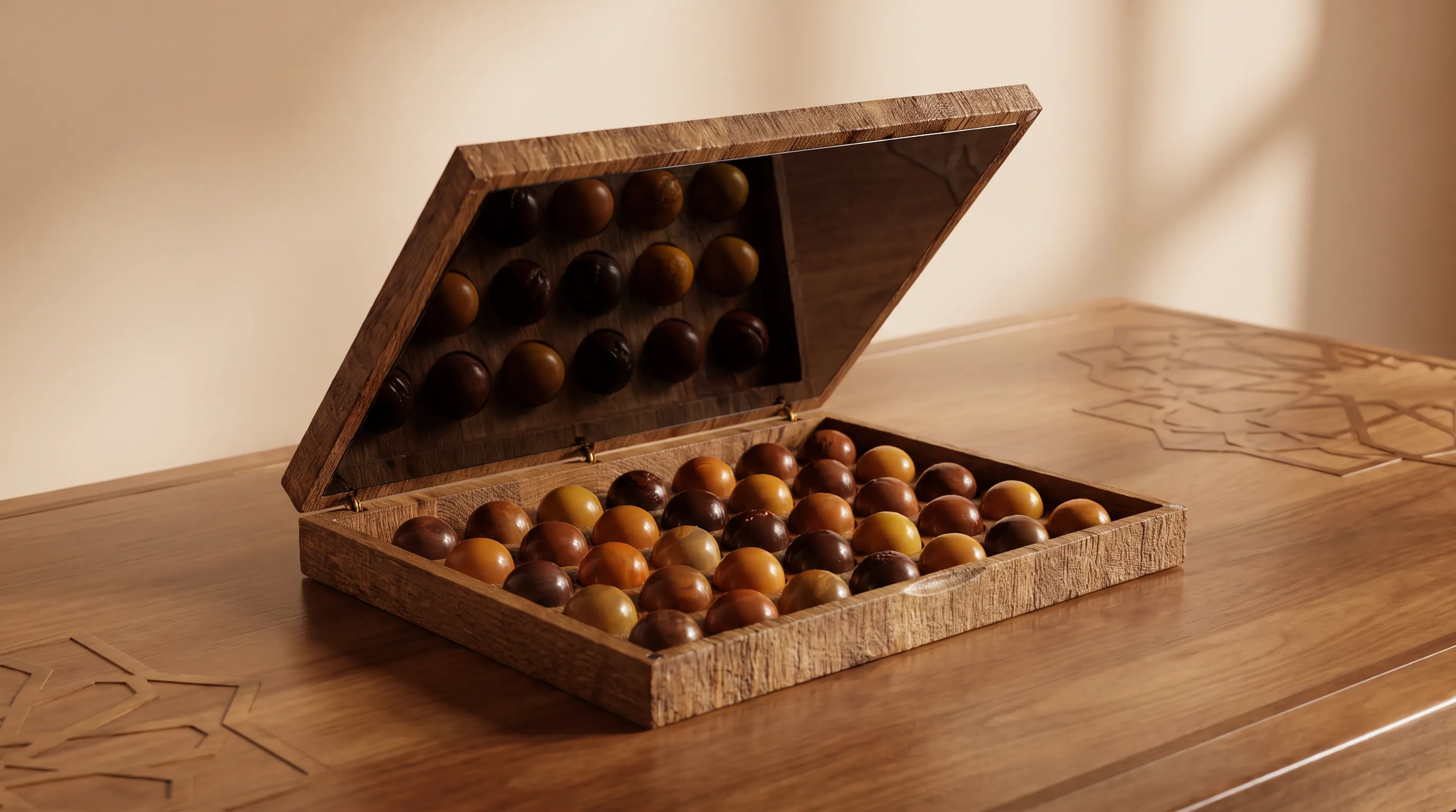 The Grand Collection — oak gift box of 35 handmade chocolates with a glass lid