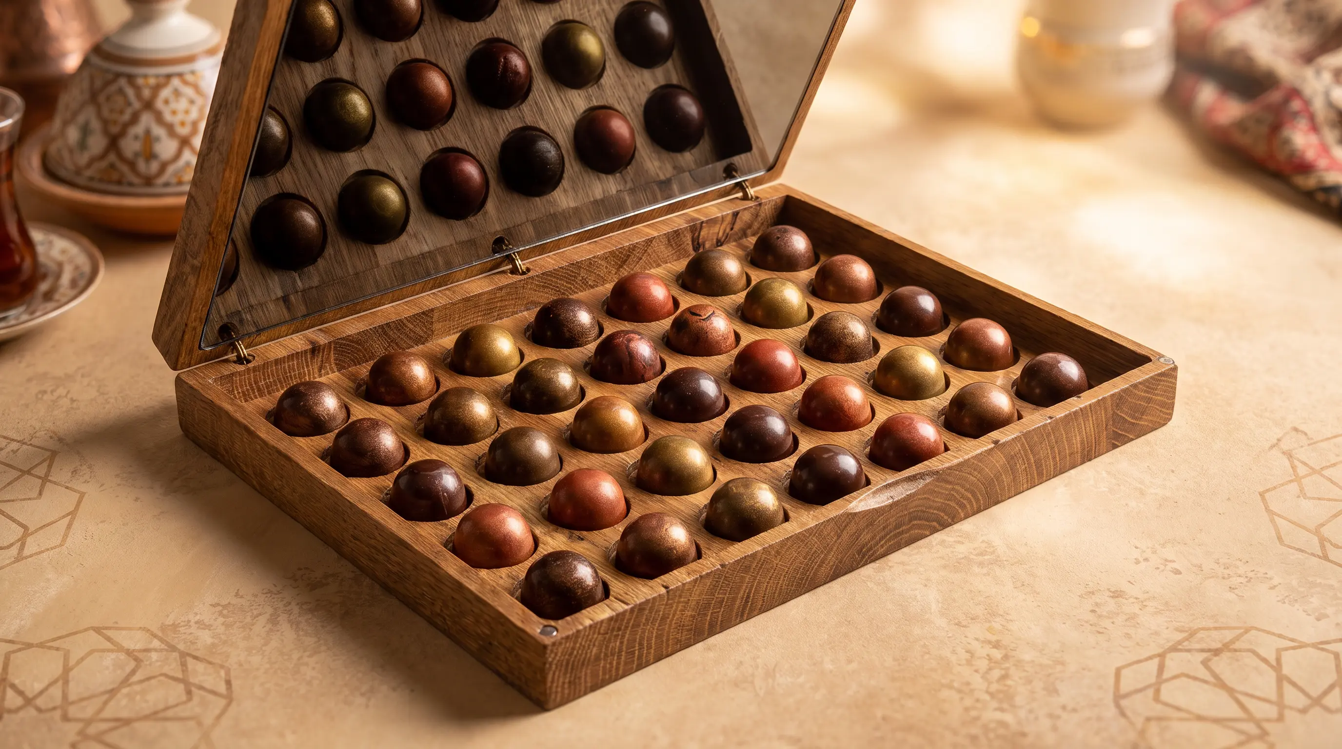 Closer look at The Grand Collection oak box with a glass lid, showing handmade bonbons inside