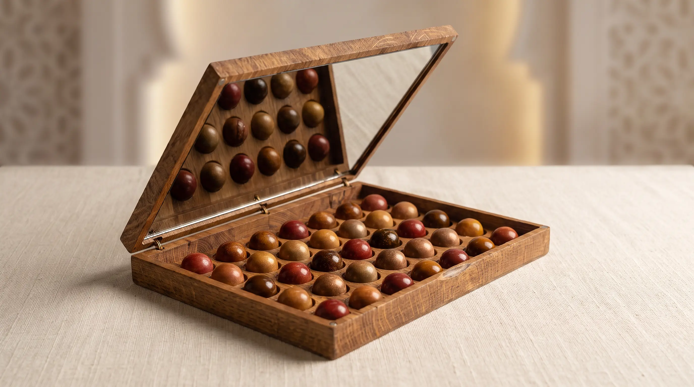 The Grand Collection oak gift box of handmade chocolates with a glass lid, photographed for Ramadan